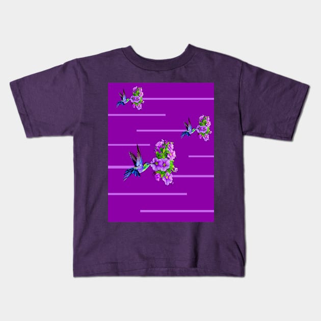 Hummingbirds and purple flowers on purple Kids T-Shirt by YamyMorrell